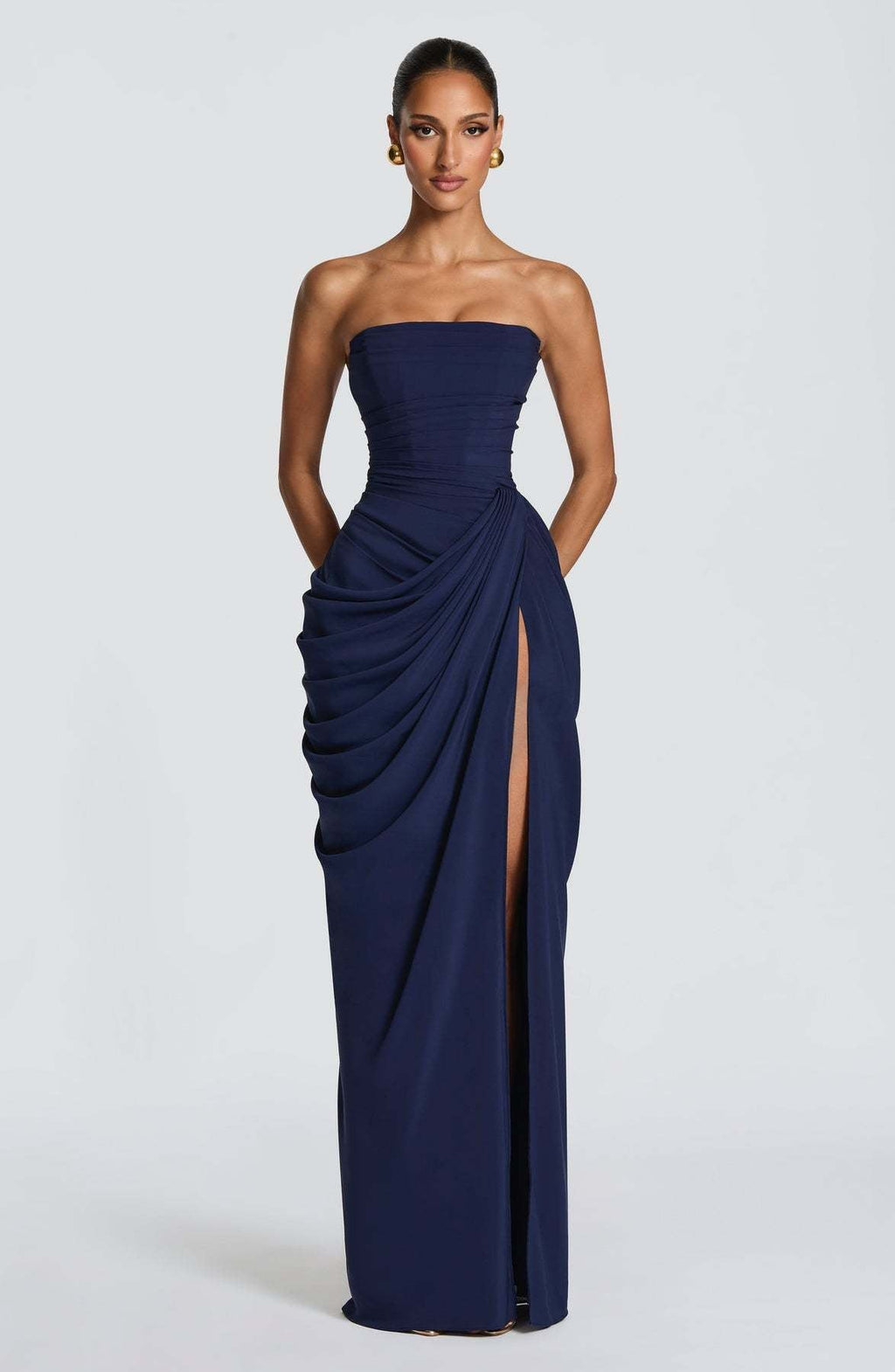 Women's Asymmetrical Draped Gown – Long Sleeve Side Slit Evening Dress