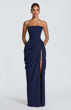 Women's Asymmetrical Draped Gown – Long Sleeve Side Slit Evening Dress