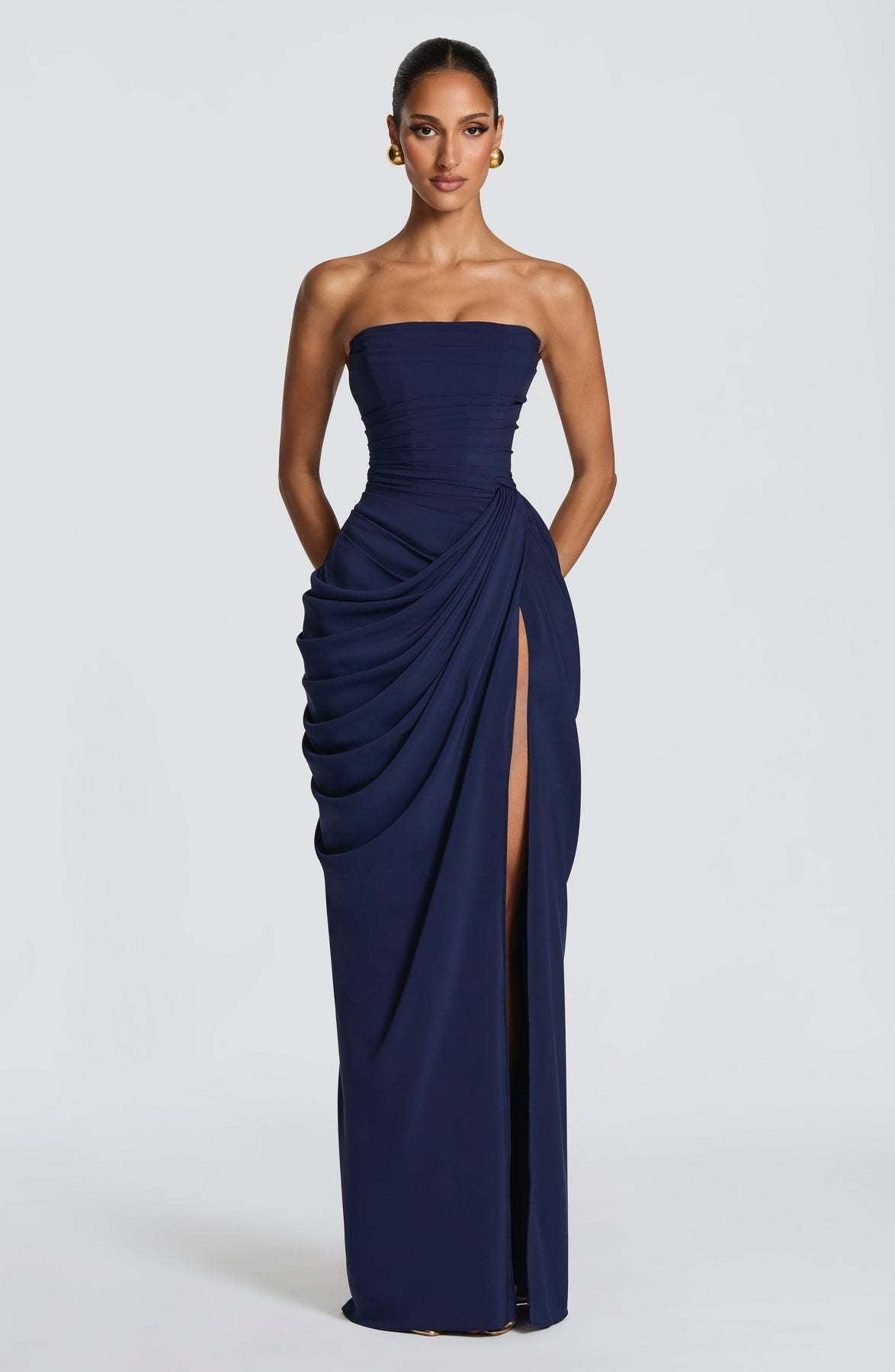Women's Asymmetrical Draped Gown – Long Sleeve Side Slit Evening Dress