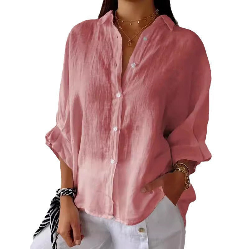 Women's Loose Fit Blouse with Roll-Up Sleeves and Classic Collar