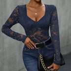 Women's Sheer Floral Bodysuit – Deep V-Neck Lace Long Sleeve Bodysuit