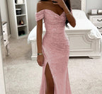 Women's Sequin Off-Shoulder Gown – Sparkle Side Slit Evening Dress