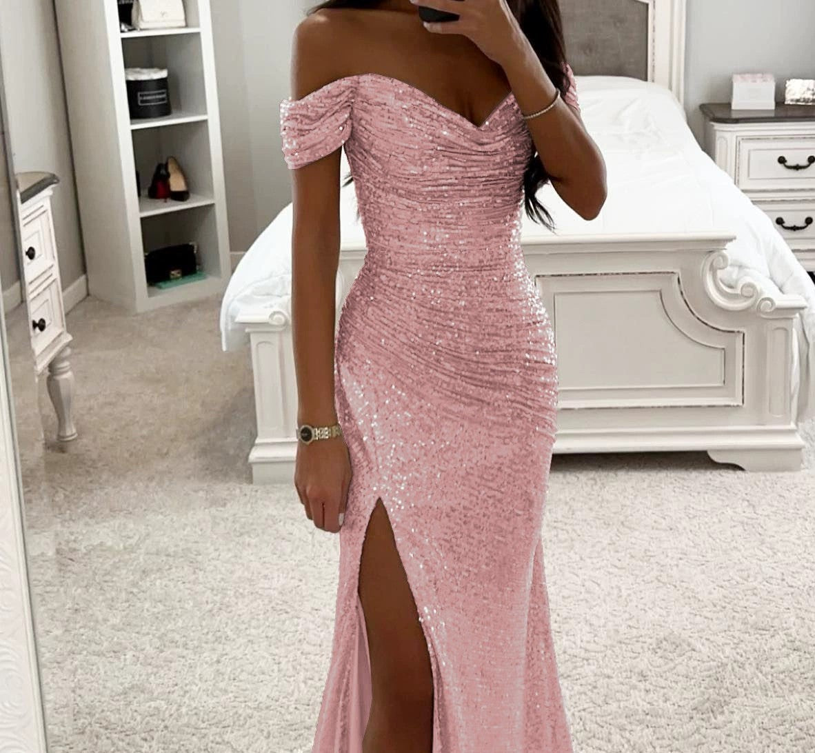 Women's Sequin Off-Shoulder Gown – Sparkle Side Slit Evening Dress