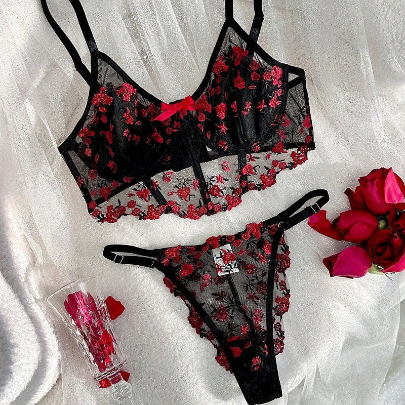 Women's Floral Lace Bra Set – French Style Bra & Matching Panty Set