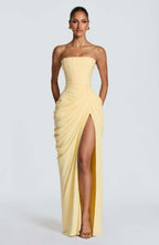 Women's Asymmetrical Draped Gown – Long Sleeve Side Slit Evening Dress