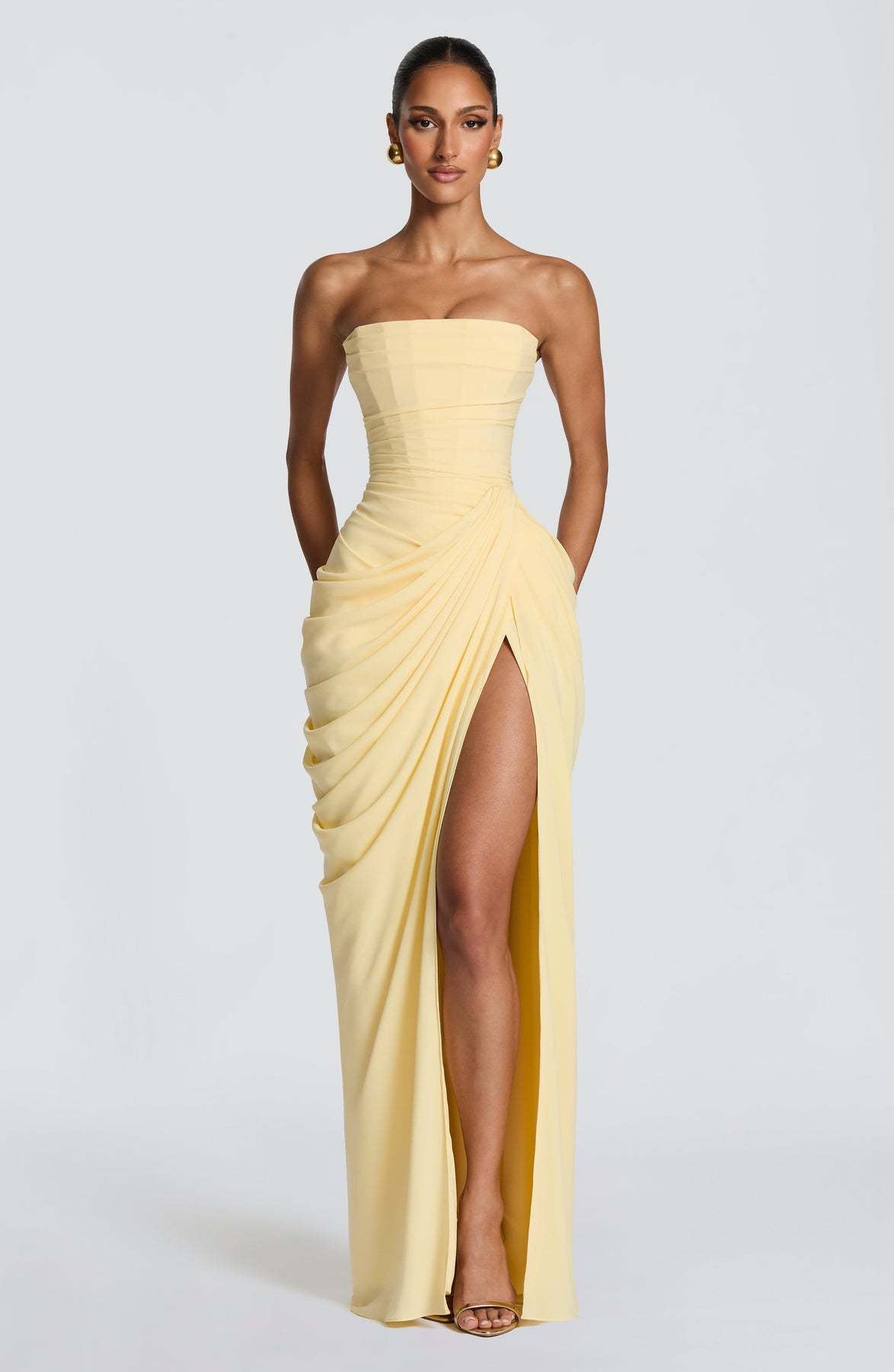 Women's Asymmetrical Draped Gown – Long Sleeve Side Slit Evening Dress