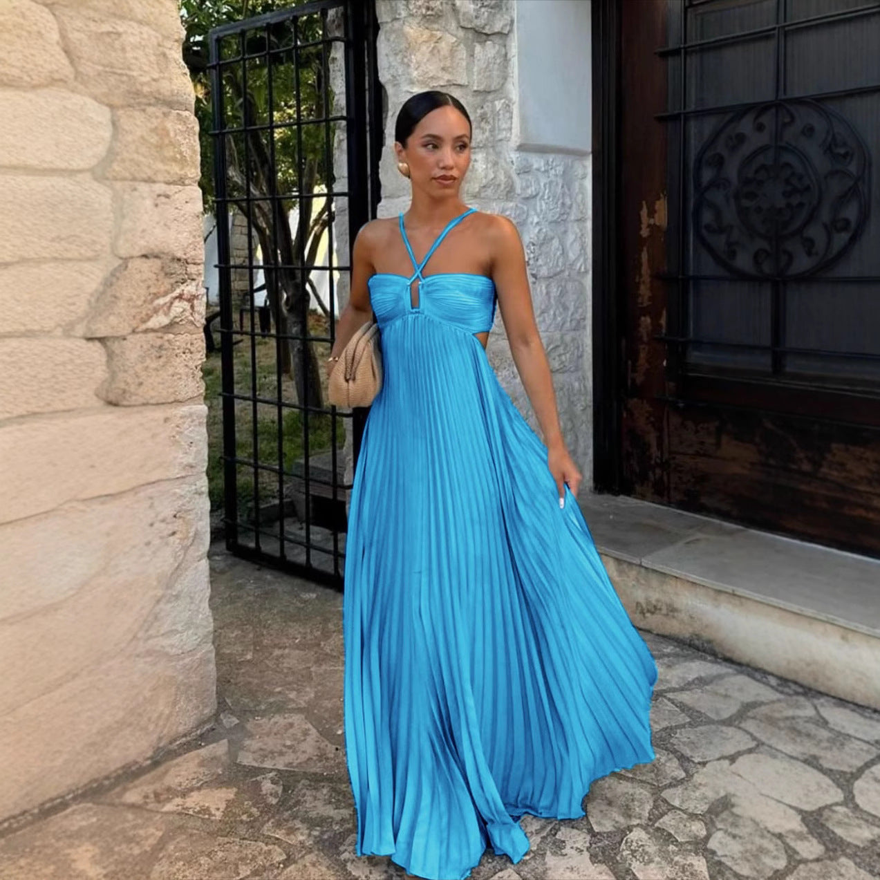 Women's Pleated Strapless Dress – Adjustable Strap Formal Occasion Dress