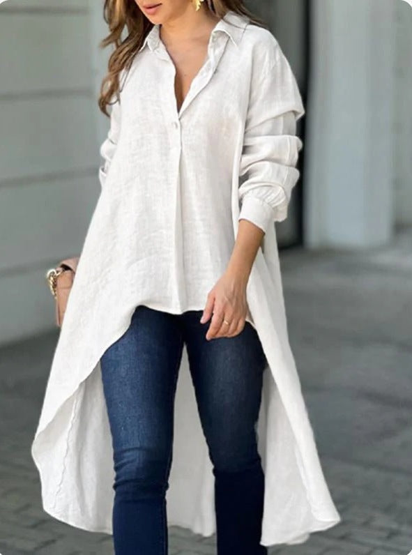 Women's Asymmetrical Tunic Blouse – Longline Button Front Shirt