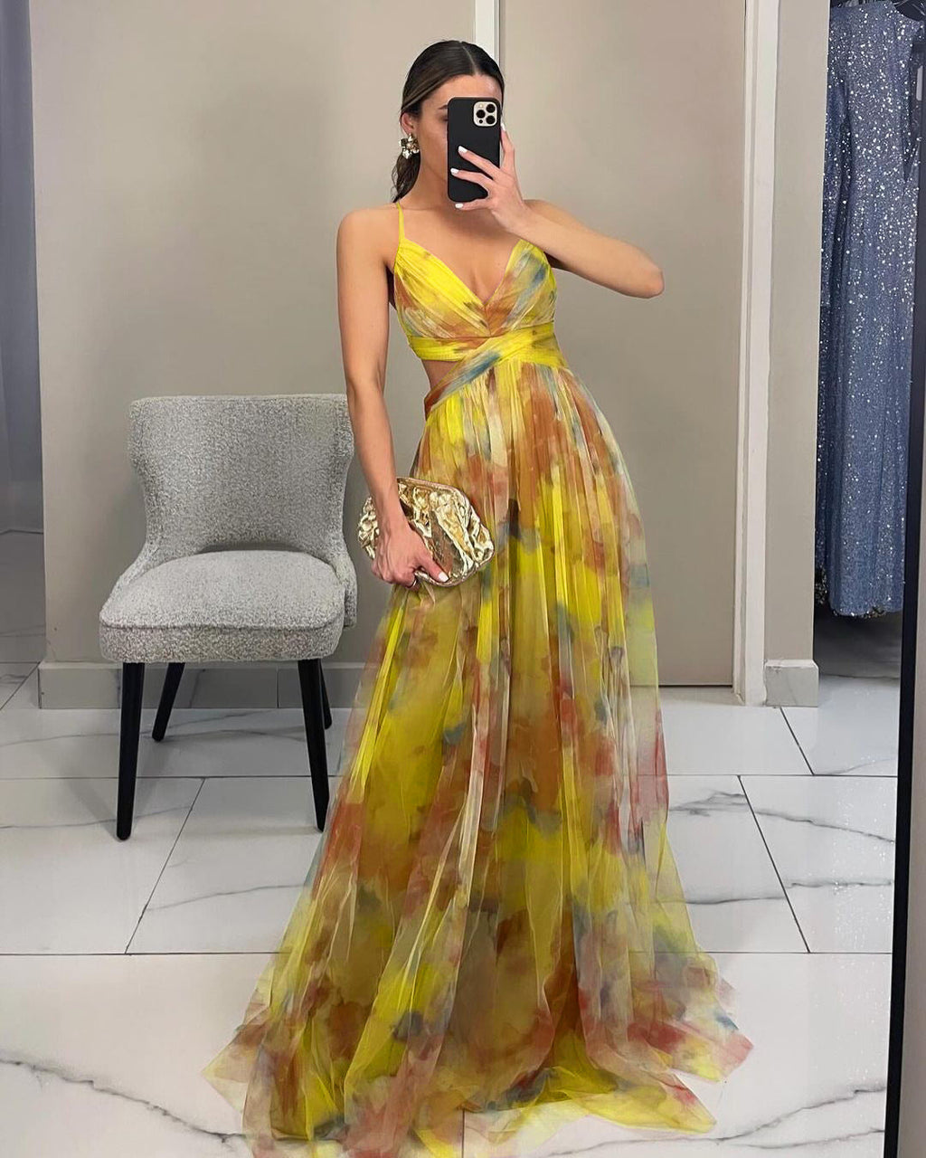 Women's Floral Strappy Maxi Dress – V-Neck Flowing Evening Gown