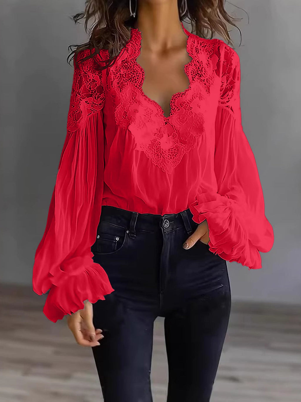 Women's Lace Blouse with Ruffle Sleeves and Flowing Fit