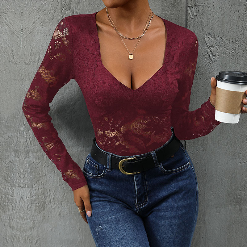 Women's Sheer Floral Bodysuit – Deep V-Neck Lace Long Sleeve Bodysuit