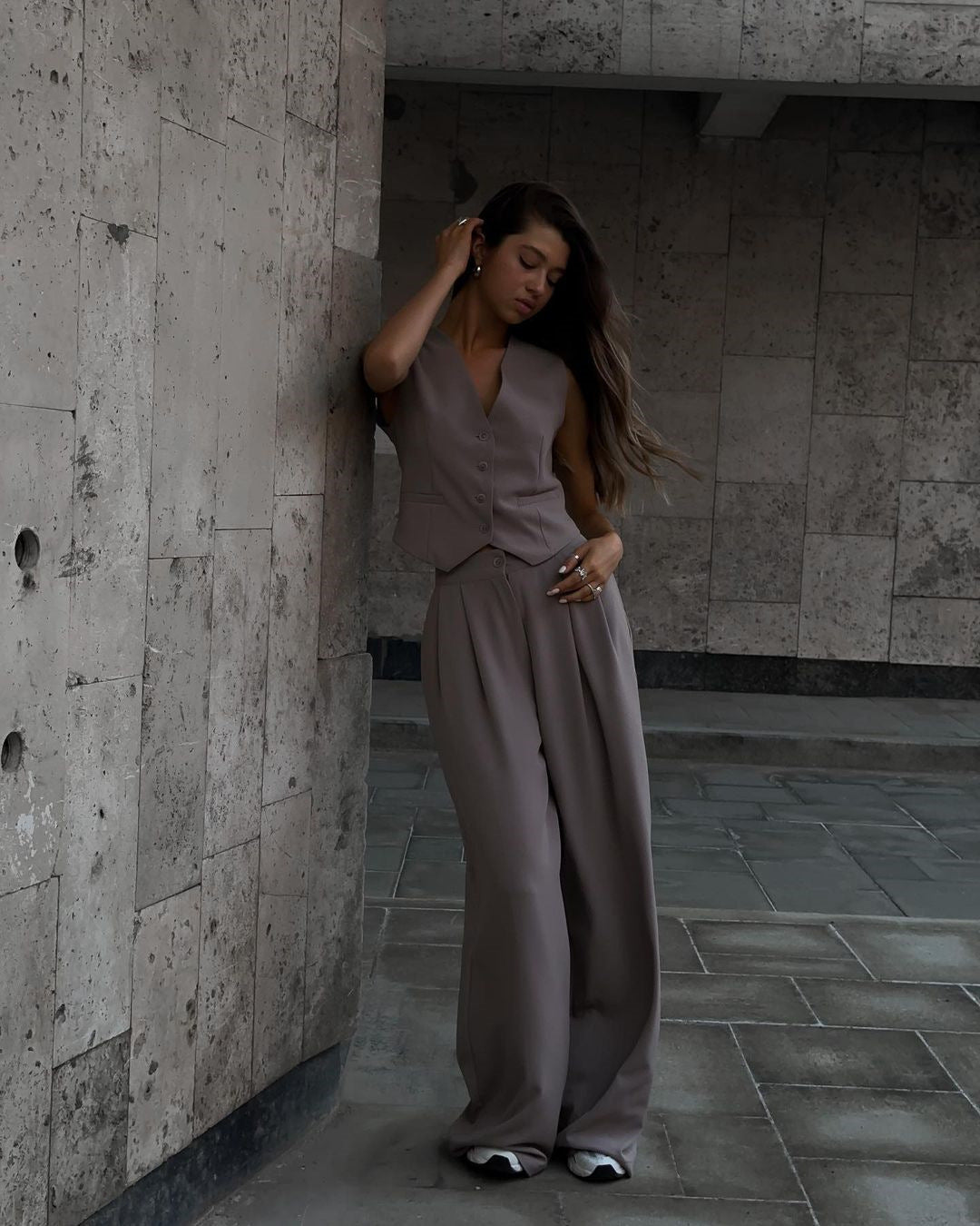Women's V-Neck Waistcoat Pants Set – Sleeveless Vest & Wide Leg Trousers