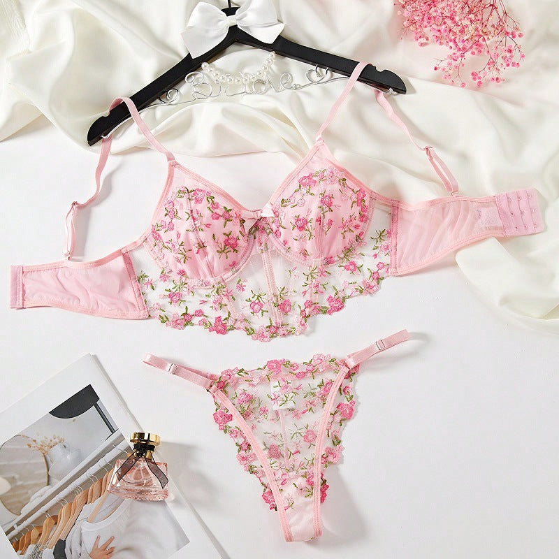 Women's Floral Lace Bra Set – French Style Bra & Matching Panty Set