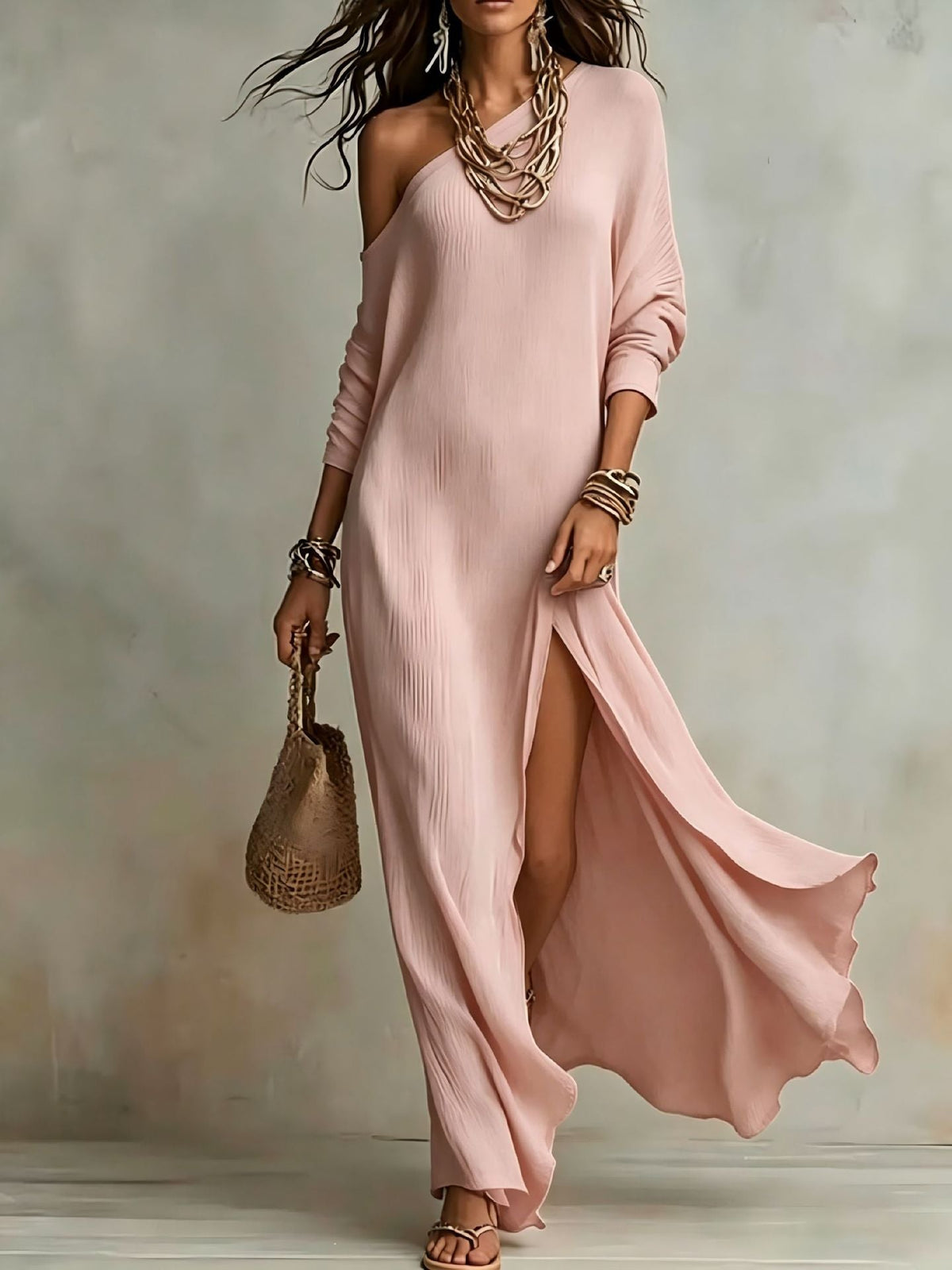 Women's One Shoulder Wedding Guest Dress – Flowy Side Slit Formal Dress