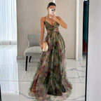 Women's Floral Strappy Maxi Dress – V-Neck Flowing Evening Gown