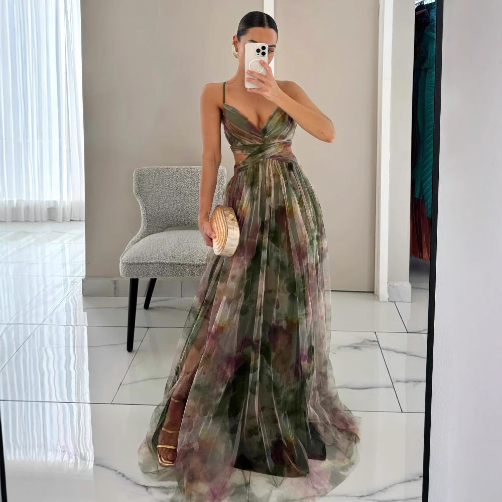 Women's Floral Strappy Maxi Dress – V-Neck Flowing Evening Gown