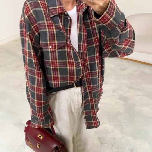 Women's Plaid Oversized Blouse – Relaxed Collared Button Front Shirt