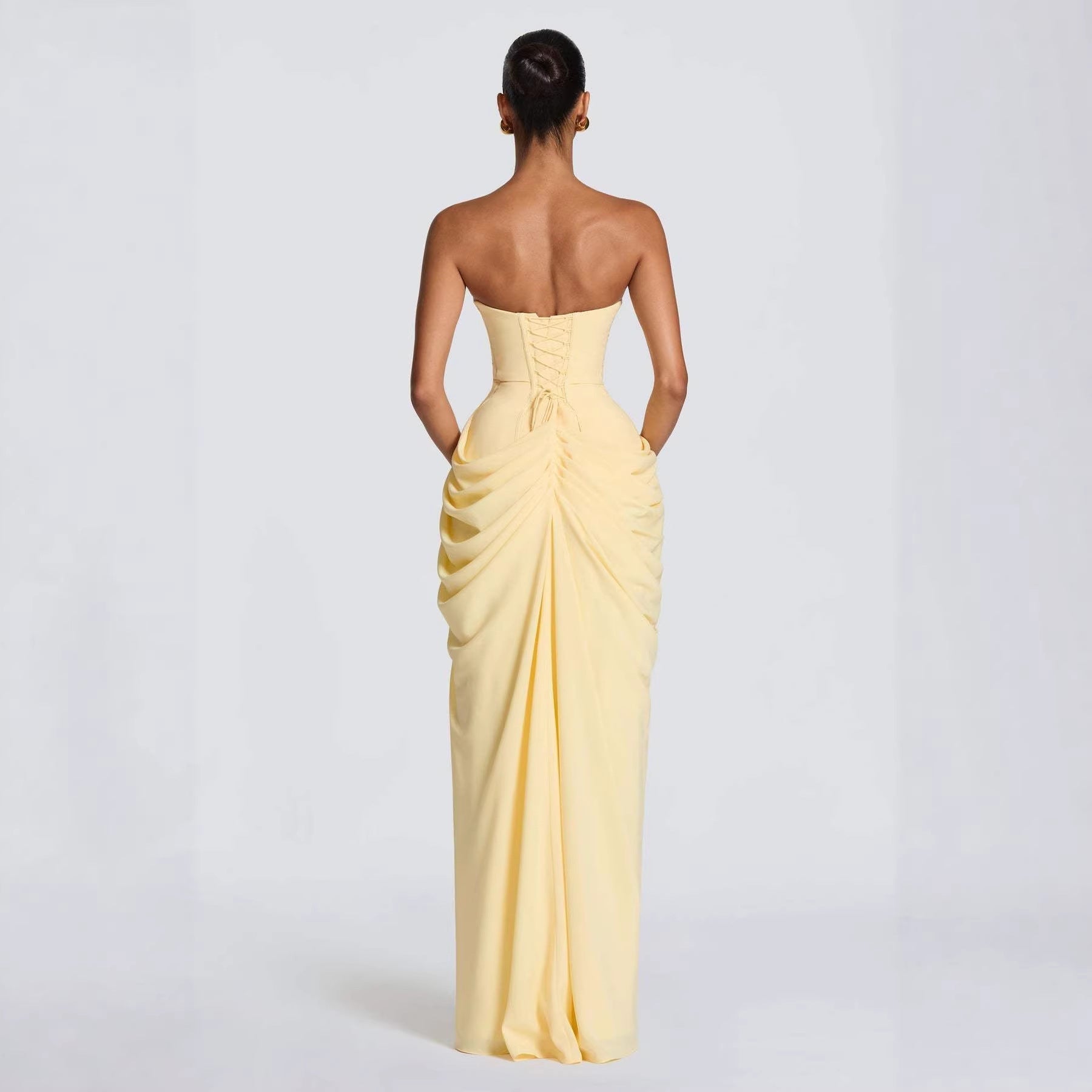 Women's Asymmetrical Draped Gown – Long Sleeve Side Slit Evening Dress