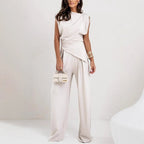 Women's Draped Two-Piece Set – High Waist Wide Leg Pants Set