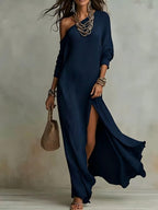 Women's One Shoulder Wedding Guest Dress – Flowy Side Slit Formal Dress
