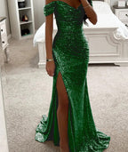 Women's Sequin Off-Shoulder Gown – Sparkle Side Slit Evening Dress
