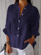 Women's Loose Fit Blouse with Roll-Up Sleeves and Classic Collar