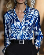 Women's Abstract Wave Print Blouse – Relaxed Long Sleeve Statement Top