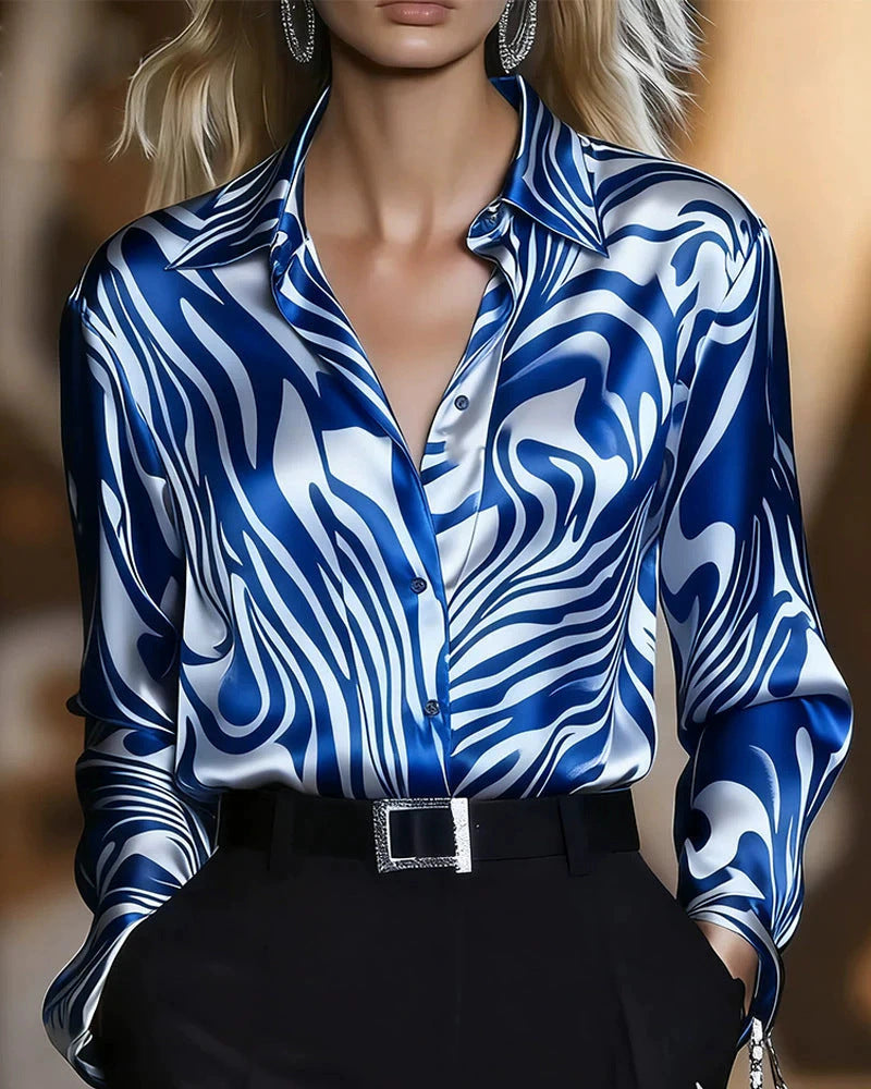 Women's Abstract Wave Print Blouse – Relaxed Long Sleeve Statement Top