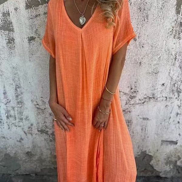 Women's V-Neck Midi Dress – Relaxed Fit Casual Dress – Hannah