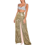Women's High Waist Glitter Trousers – Straight Leg Side Slit Party Pants