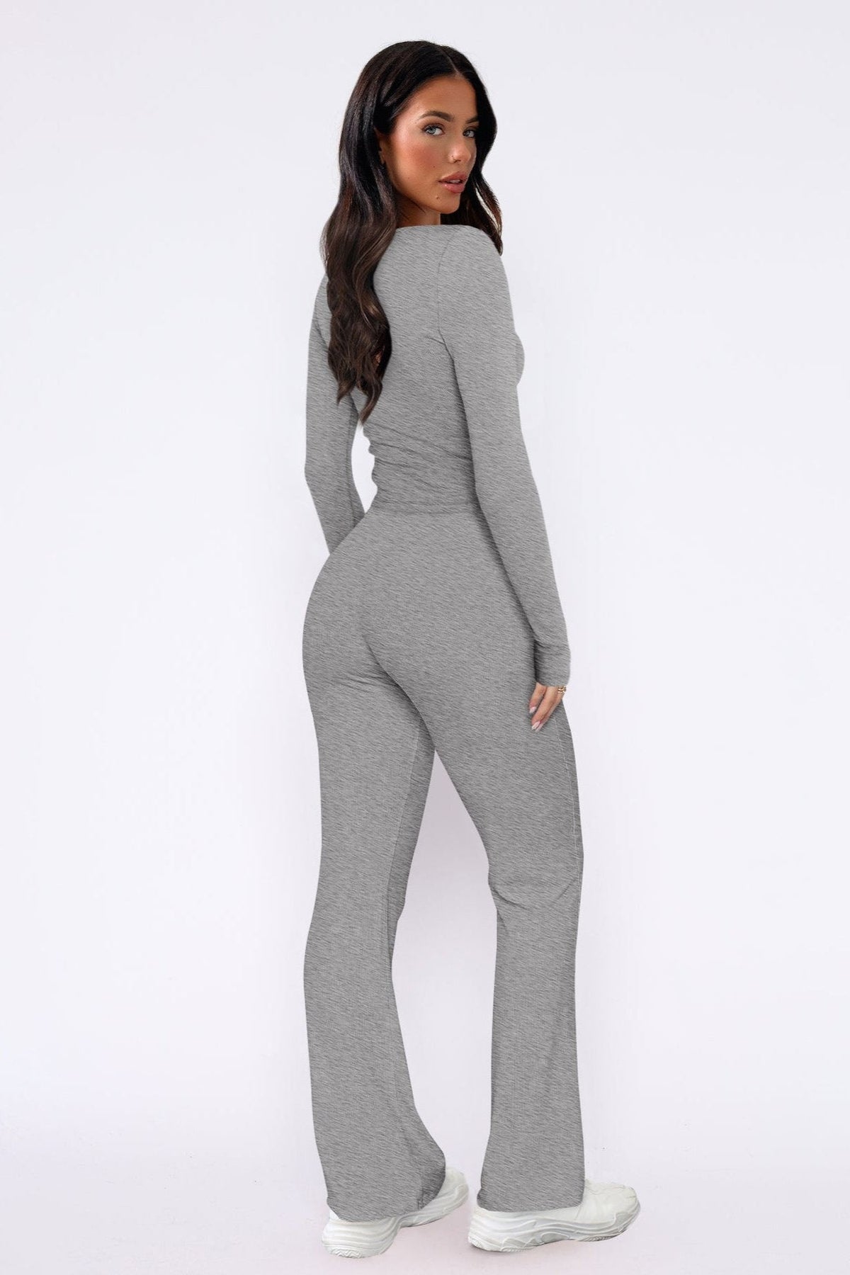 Women's Flared Pants Loungewear Set – Button Detail Crop Top Two Piece Set