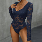 Women's Sheer Floral Bodysuit – Deep V-Neck Lace Long Sleeve Bodysuit