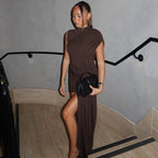 Women's Asymmetrical Draped Dress – High Neck Sash Detail Occasion Dress