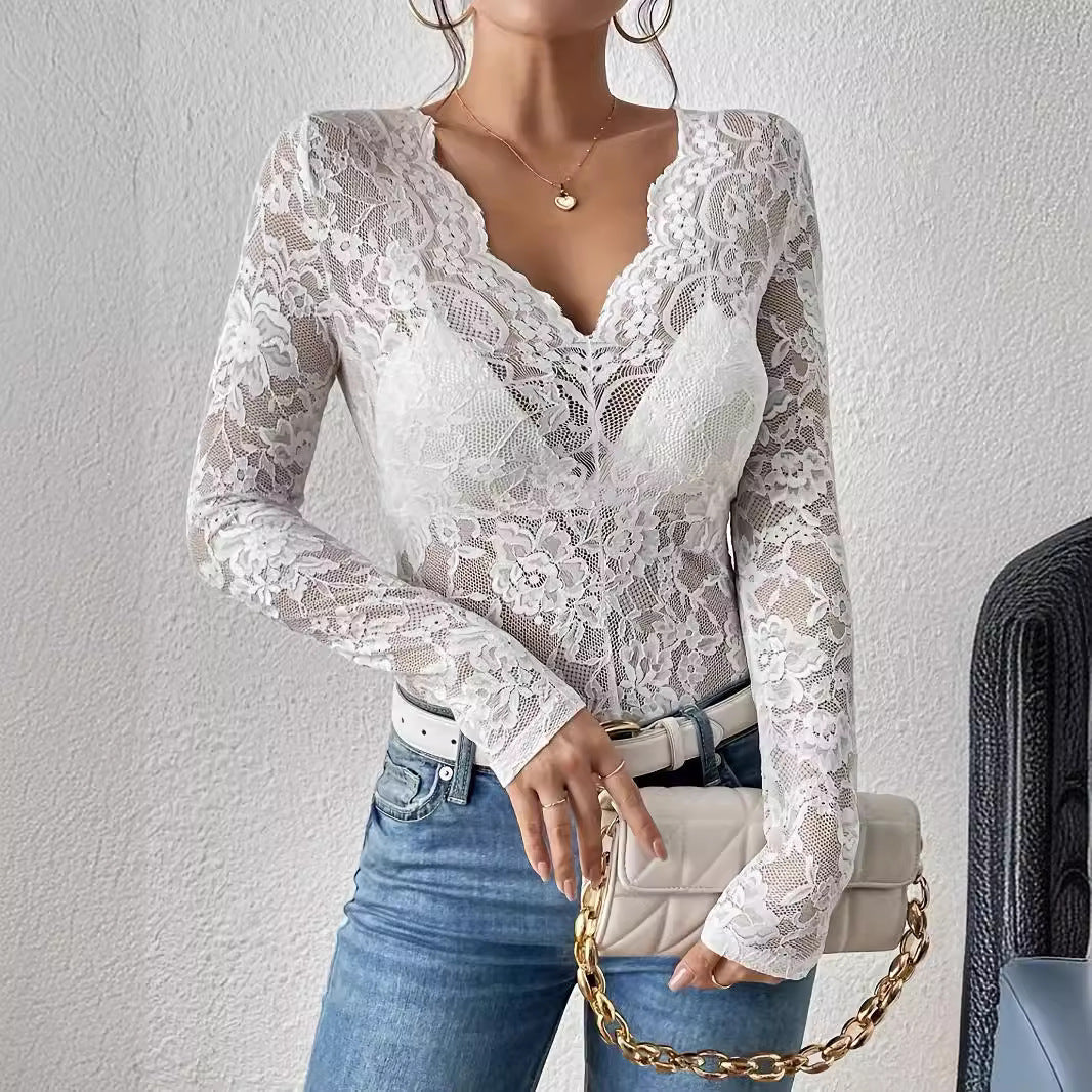 Women's Sheer Floral Lace Bodysuit – Deep V-Neck Long Sleeve Bodysuit