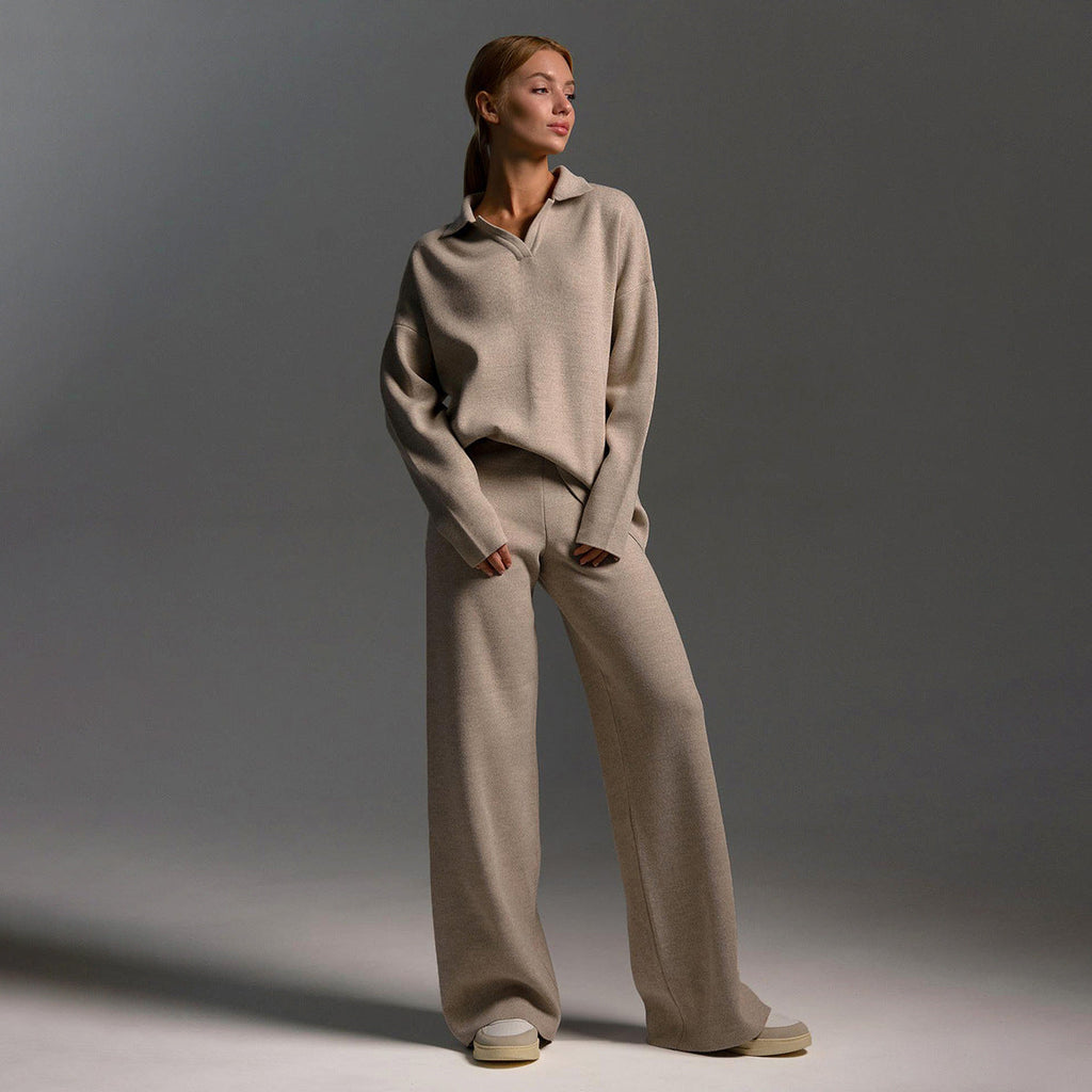 Women's Oversized Polo Sweater Set – Collared Sweater Wide Leg Pants Set