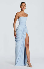 Women's Asymmetrical Draped Gown – Long Sleeve Side Slit Evening Dress