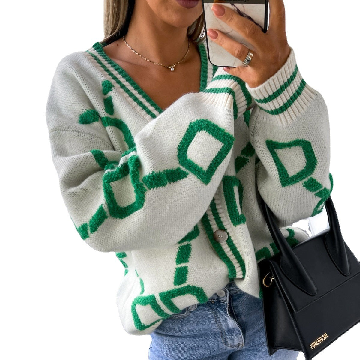 Women's Geometric Pattern Cardigan – Oversized Button Front Knit Cardigan