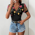 Women's Floral Lace V-Neck Bodysuit – Sheer Sleeve Fitted Bodysuit