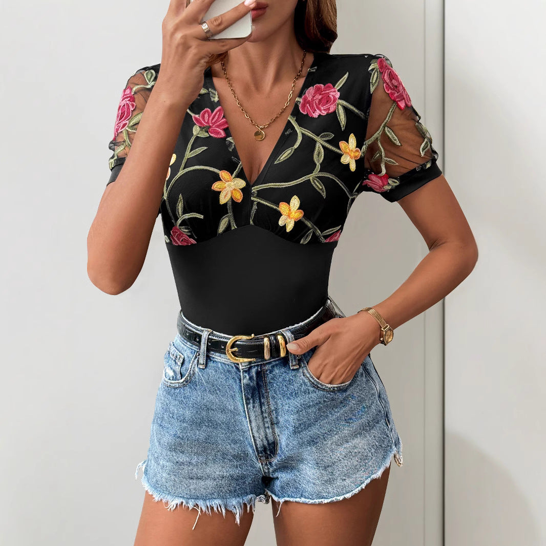 Women's Floral Lace V-Neck Bodysuit – Sheer Sleeve Fitted Bodysuit
