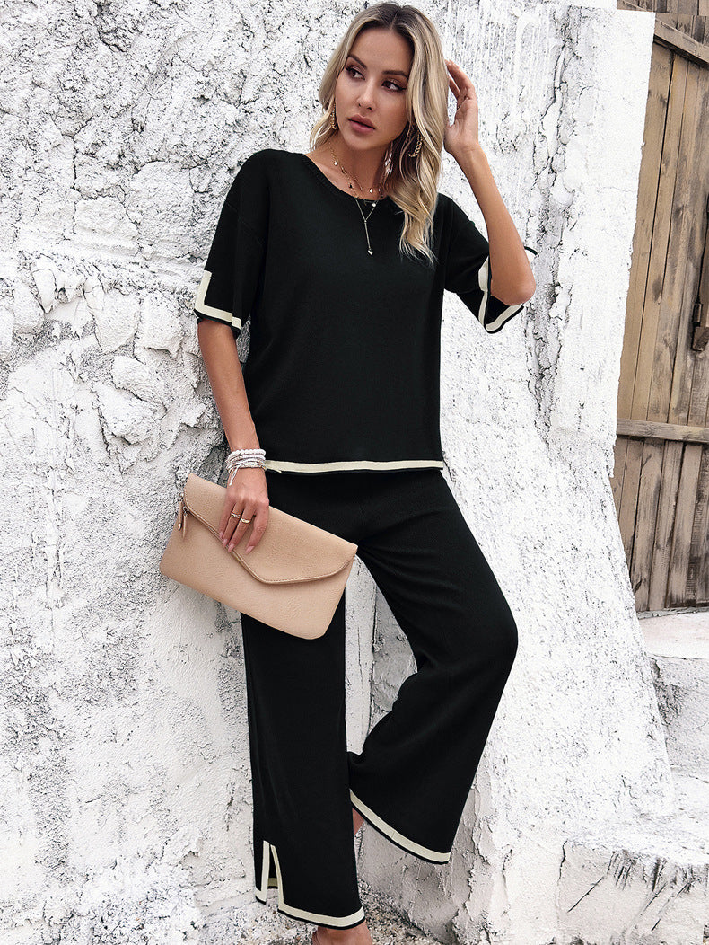Women's Wide Leg Loungewear Set – Relaxed Top Split Hem Pants Set