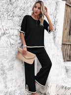 Women's Wide Leg Loungewear Set – Relaxed Top Split Hem Pants Set