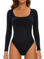 Women's Plunging Long Sleeve Bodysuit – Deep Neck Fitted Evening Bodysuit
