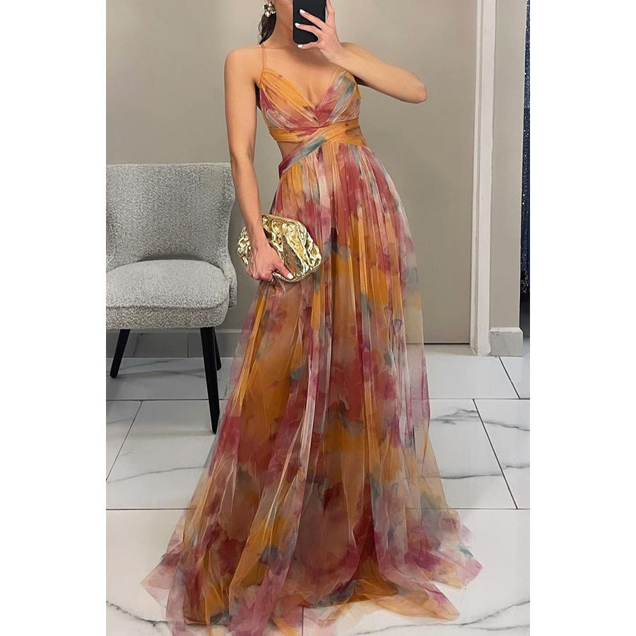 Women's Floral Strappy Maxi Dress – V-Neck Flowing Evening Gown