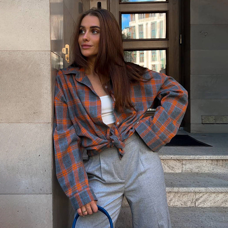 Women's Plaid Oversized Blouse – Relaxed Collared Button Front Shirt