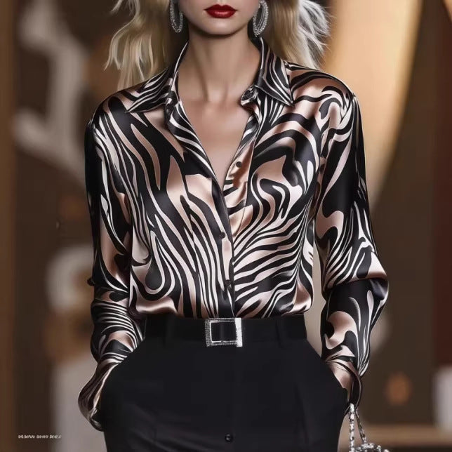 Women's Abstract Wave Print Blouse – Relaxed Long Sleeve Statement Top