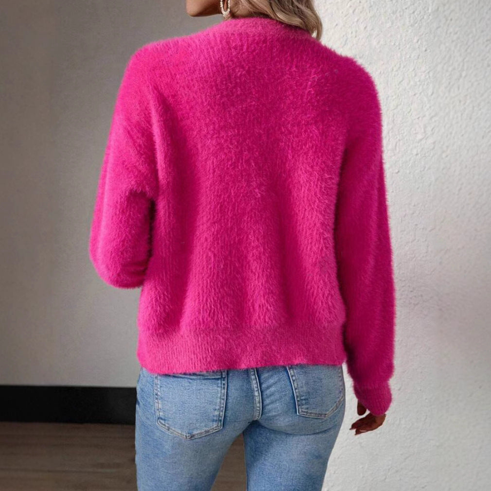 Women's Plush V-Neck Cardigan – Button Front Relaxed Knit Cardigan
