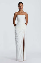 Women's Asymmetrical Draped Gown – Long Sleeve Side Slit Evening Dress