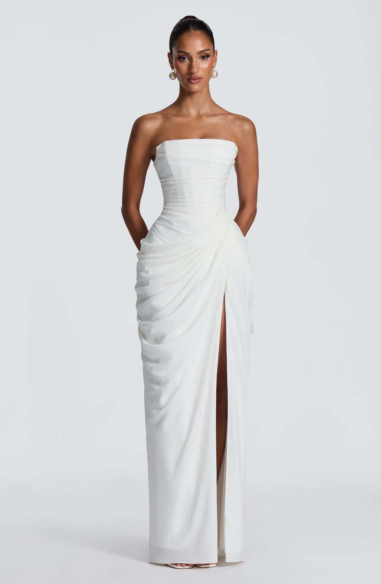 Women's Asymmetrical Draped Gown – Long Sleeve Side Slit Evening Dress