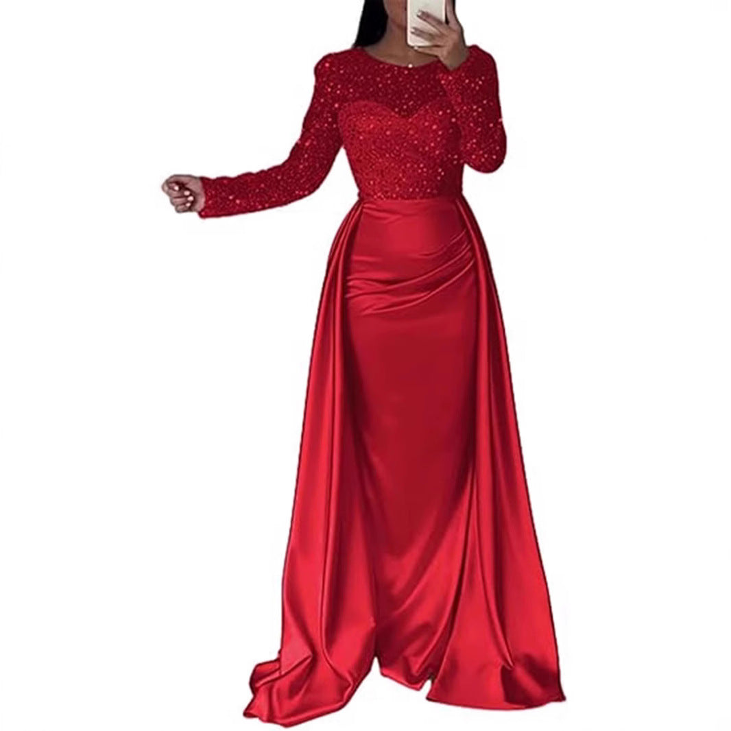 Women's Long Sleeve Glitter Gown – Flowing Sparkle Evening Dress