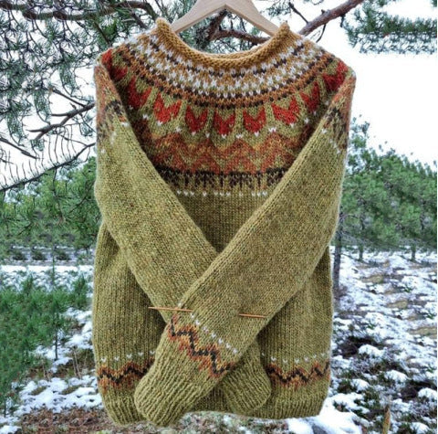 Women's Vintage Icelandic Sweater – Nordic Pattern Crew Neck Knit Pullover